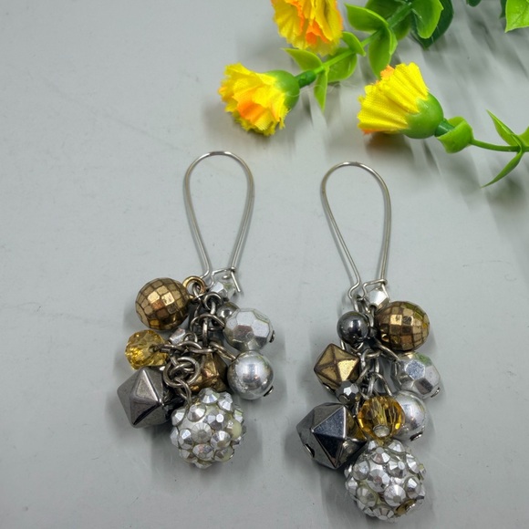 Cluster Drop Vintage Y2K Earrings with Gold and Silver Beads - Picture 5 of 6